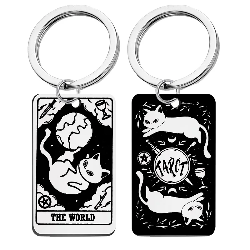 Tarot Key Ring Cartoon Cat KeyChain Women Rider-Waite Major Arcana Key Chain for Men Stainless Steel Keyring Fool Pendant Gift