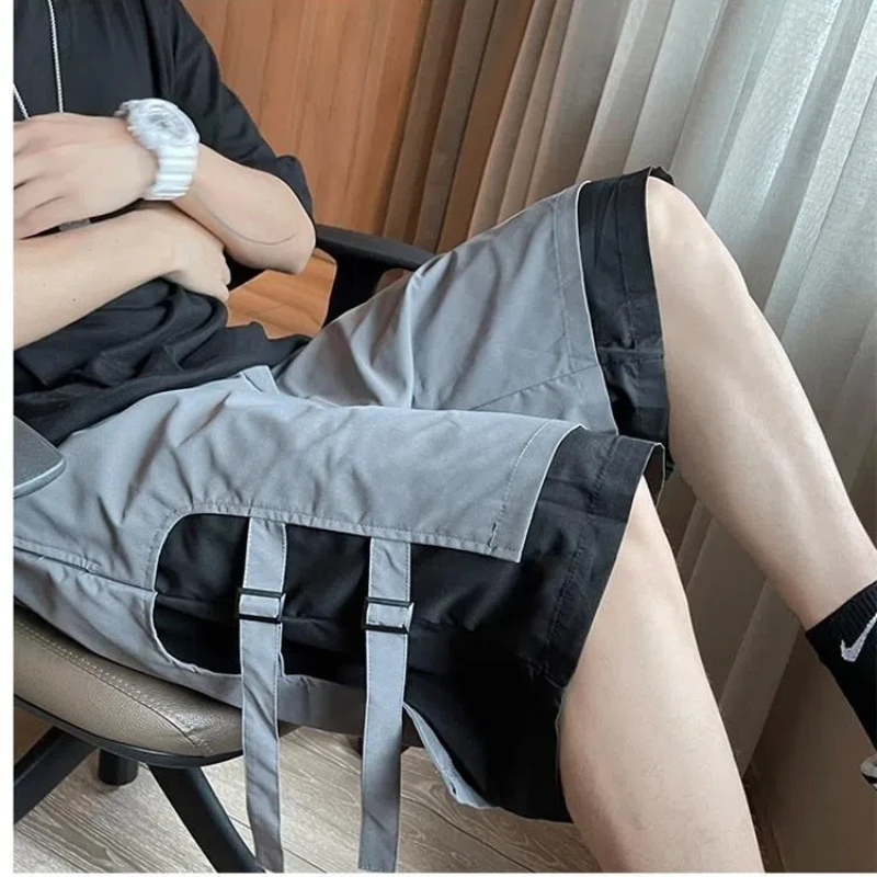 Summer New Cargo Shorts Men's Elastic Waist Spliced Contrast Color Drawstring Loose Straight Casual Boyfriend Wide Leg Trousers