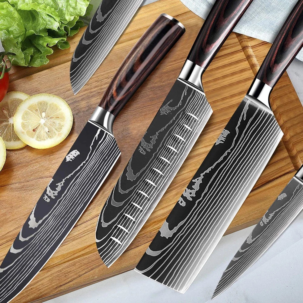 High Carbon Stainless Steel Kitchen Knife Set, Japanese Damascus Pattern, Professional Chef Knife, Cleaver Knives, 1-10Pcs