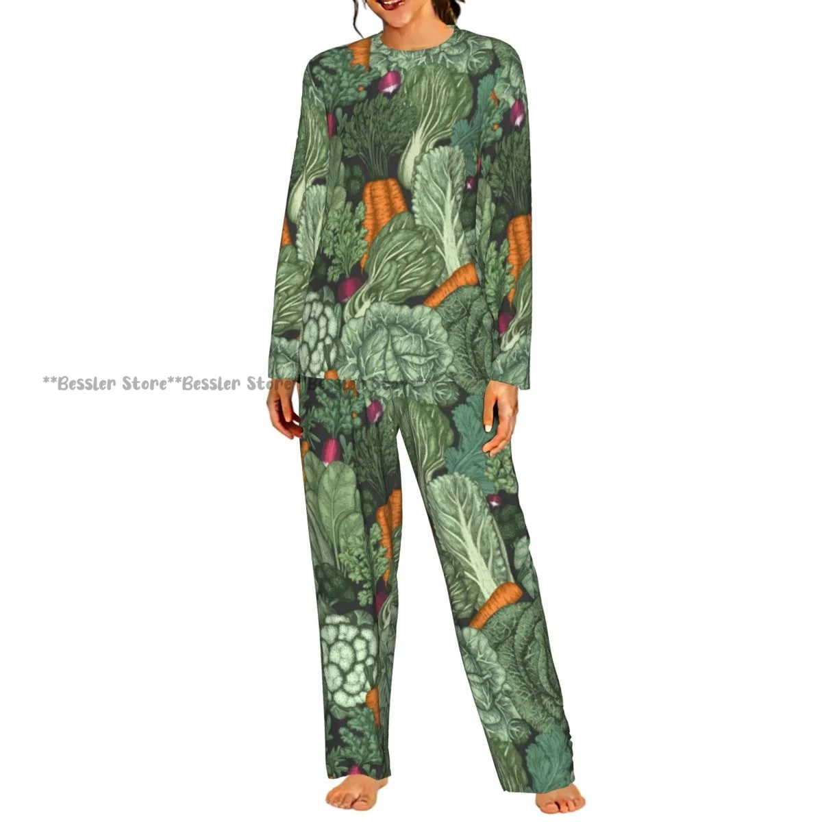 2 Piece Women Round Neck Pajamas Set Long Sleeve Long Pants Vintage Vegetables Pattern Homewear Casual Daily Sleepwear