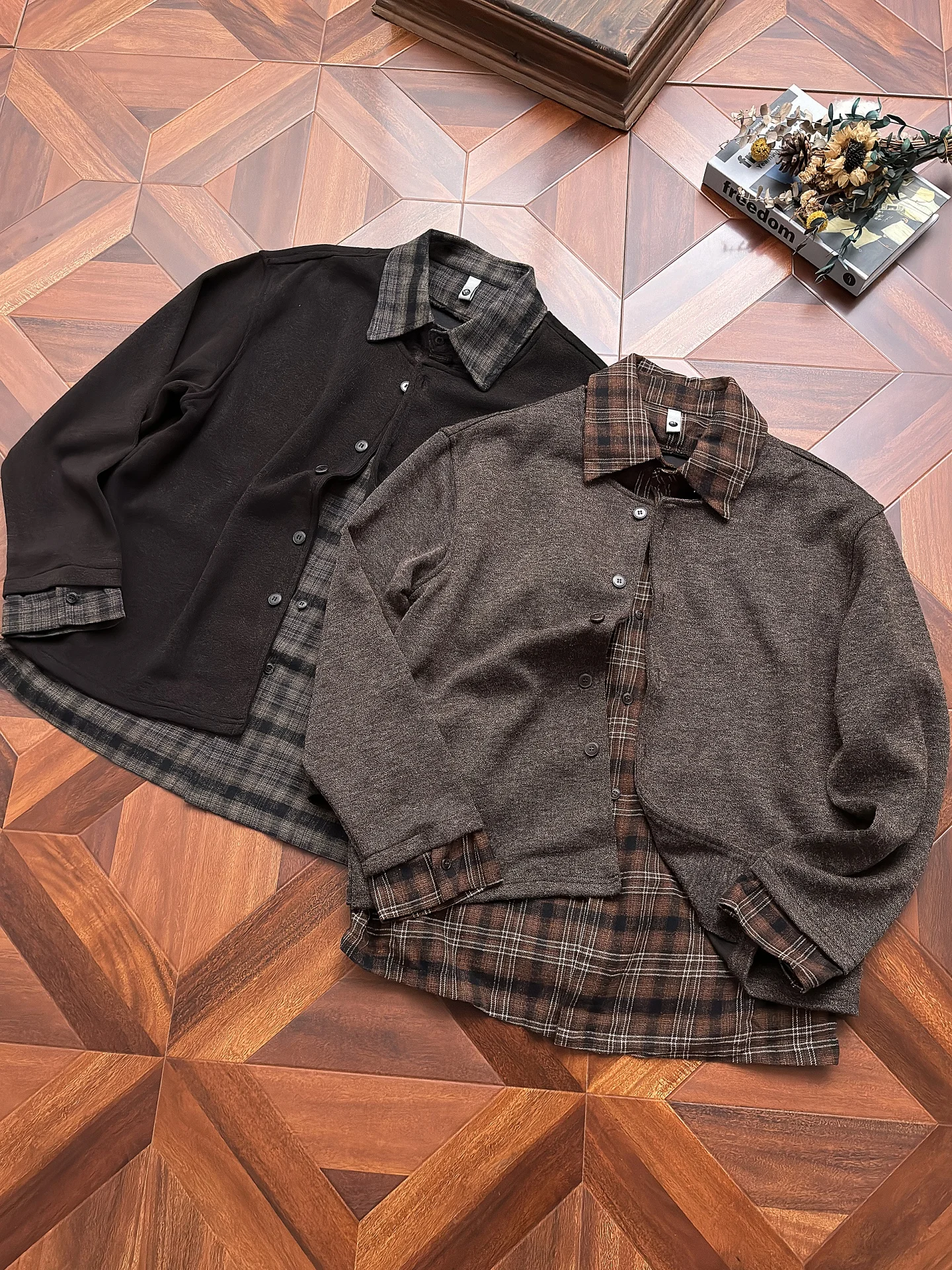 Loose Fit Plaid Shirt Collar Jacket for Men Spring Autumn Vintage Checkered Patchwork Outerwear Breathable Long Sleeve Top