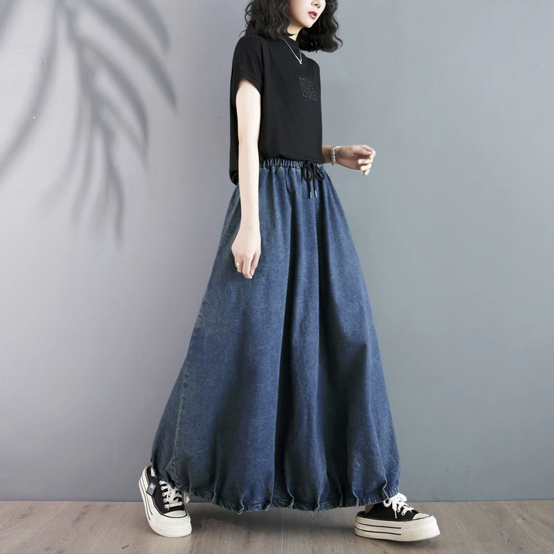 تأثير التخسيس ألف خط تنورة عالية الخصر الدنيم منتفخ فضفاض مرونة الخصر عادية خمر المرأة Faion الربيع تنورة طويلة