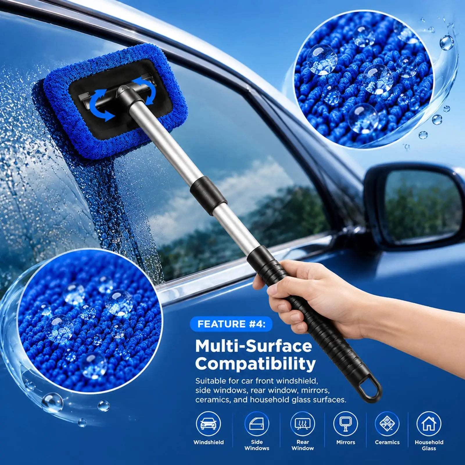 Car Window Cleaning Brush Microfiber Extendable Handle Rotating Head Interior Windshield Glass Cleaner Car Washing Tool