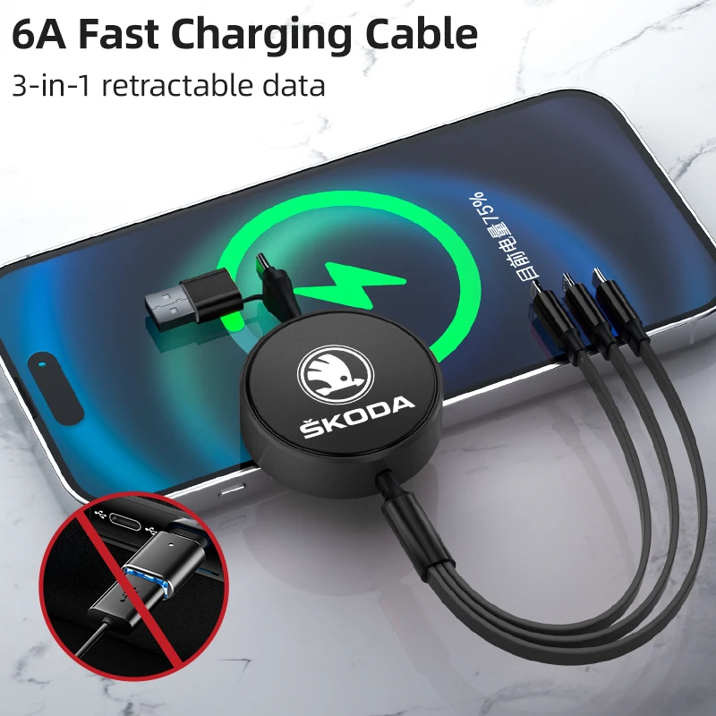 Car 3 In 1 USB Fast Charging Data Cable Type C Multi Port Charger Cable For Skoda Octavia Rapid Kodiaq Karoq Fabia Kamiq Superb