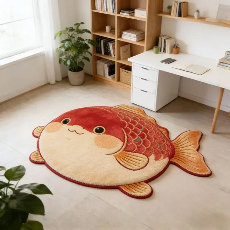 VIKAMA Cartoon Koi Shaped Plush Carpet Foyer Bathroom Living Room Cute Cartoon Home Floor Mat Home Decoration