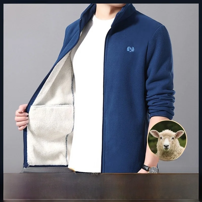 

Pierre Cardin Luxury Men's Fce Lined Thiened Stand Collar Lamb Velvet Warm Jaet Winter Faion Ci Sle Zipper Closure