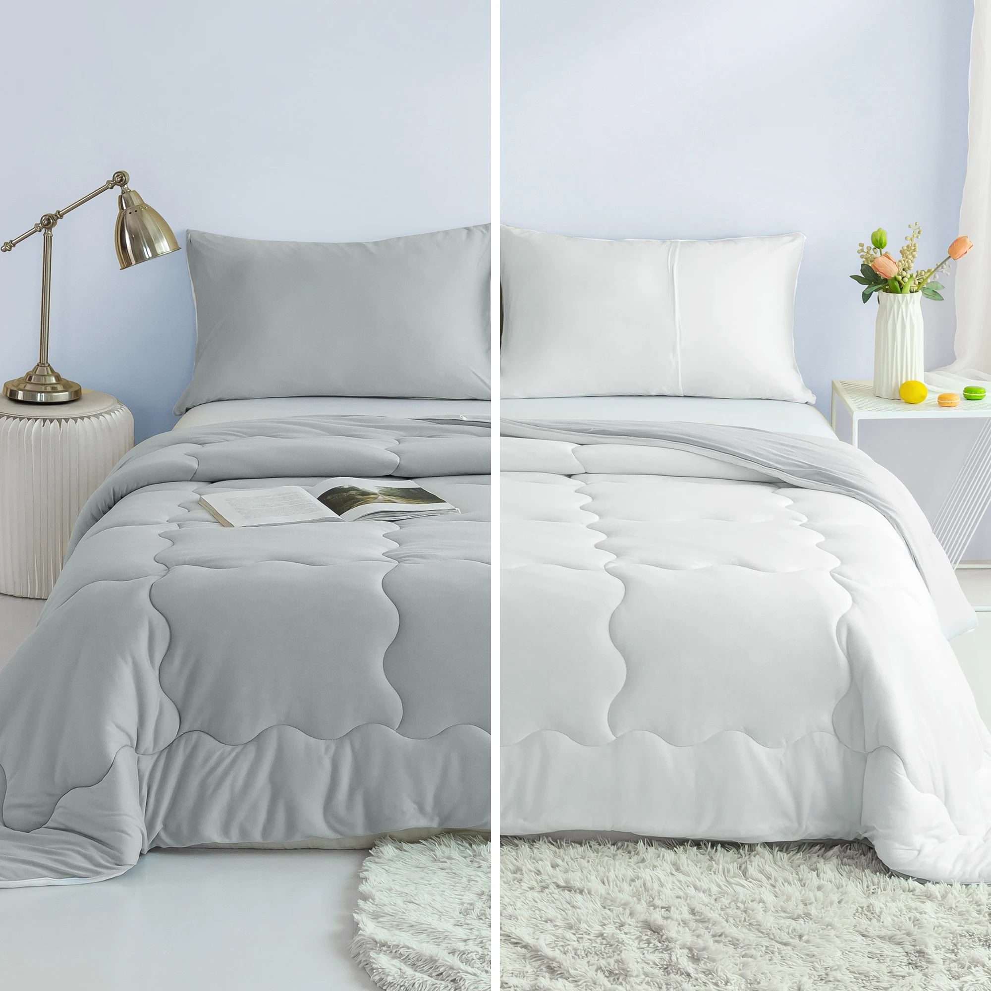 Breathable Bedding light  Reversible Ultra-Soft  Comforter Set,Jersey Knit Cotton  grey and white  Queen  Size