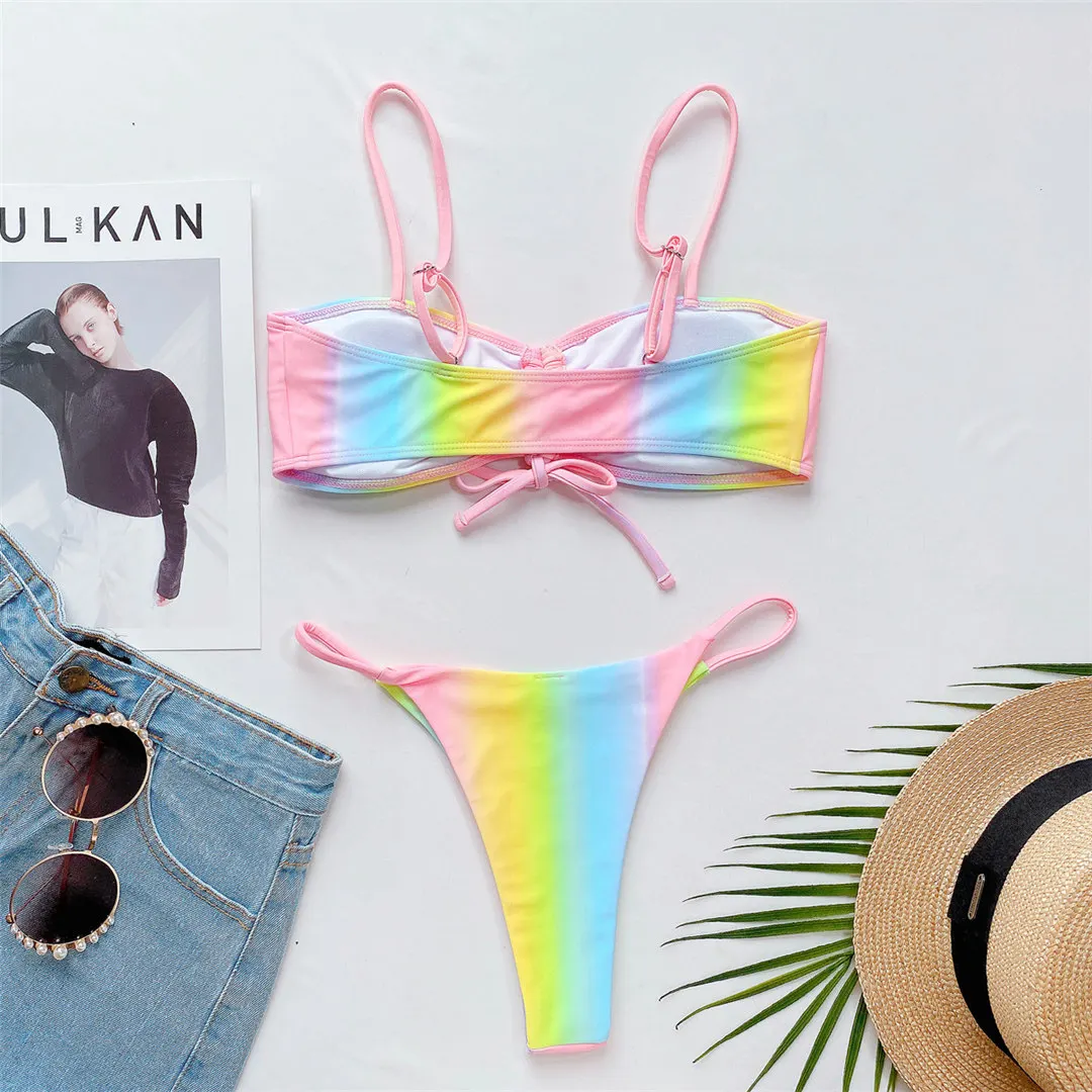Regenbogenmuster-Micro-String-Bikini mit Schnürung, zweiteiliger Badeanzug für Damen, Badebekleidung, Badeanzug, Damen-Badebekleidung, V3075 – Detail 9
