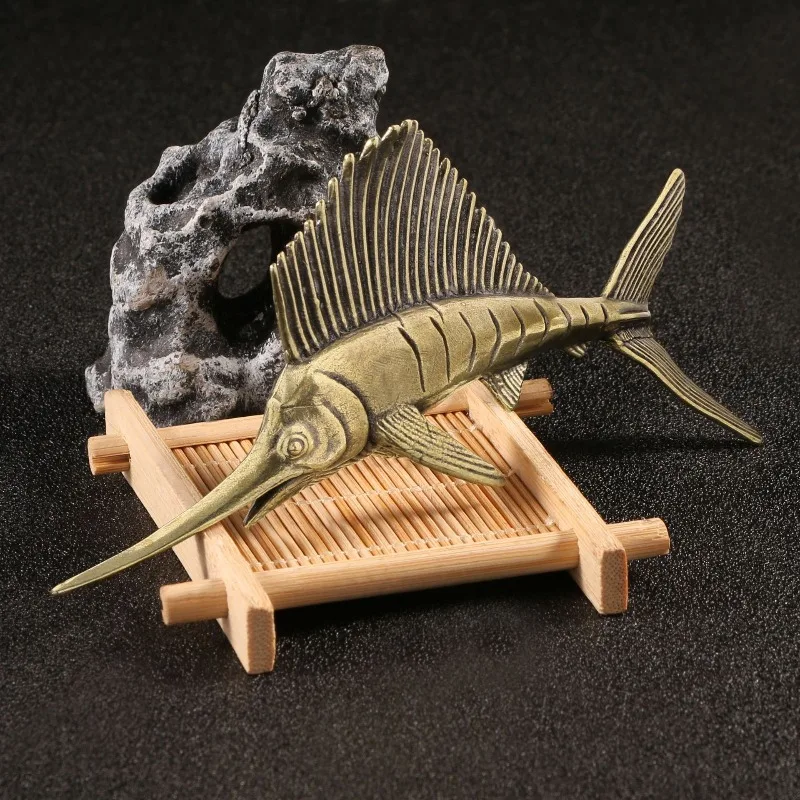Antique Imitation Vintage Marlin Sailfish Brass Figurine Tea Pet Desk Ornament Retro Deep Sea Fish Collection Craft Home Decor