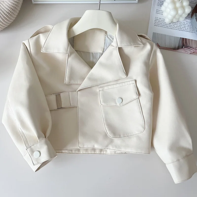 

GirlsPULeather coat2024New Children's Spring and Autumn Loose Western Style Short Fashionable Soft Leather Shirt Fashion