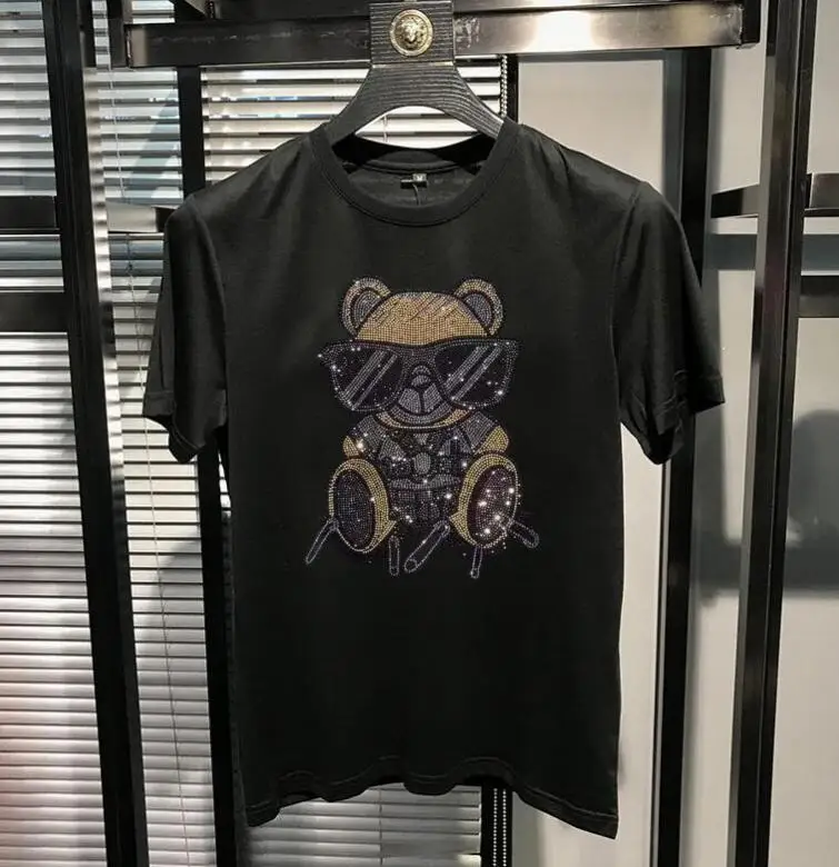2025 Estate Manica corta T-shirt Abbigliamento donna Orso cartone animato Strass 100% cotone Moda Streetwear O Collo Maglietta da donna