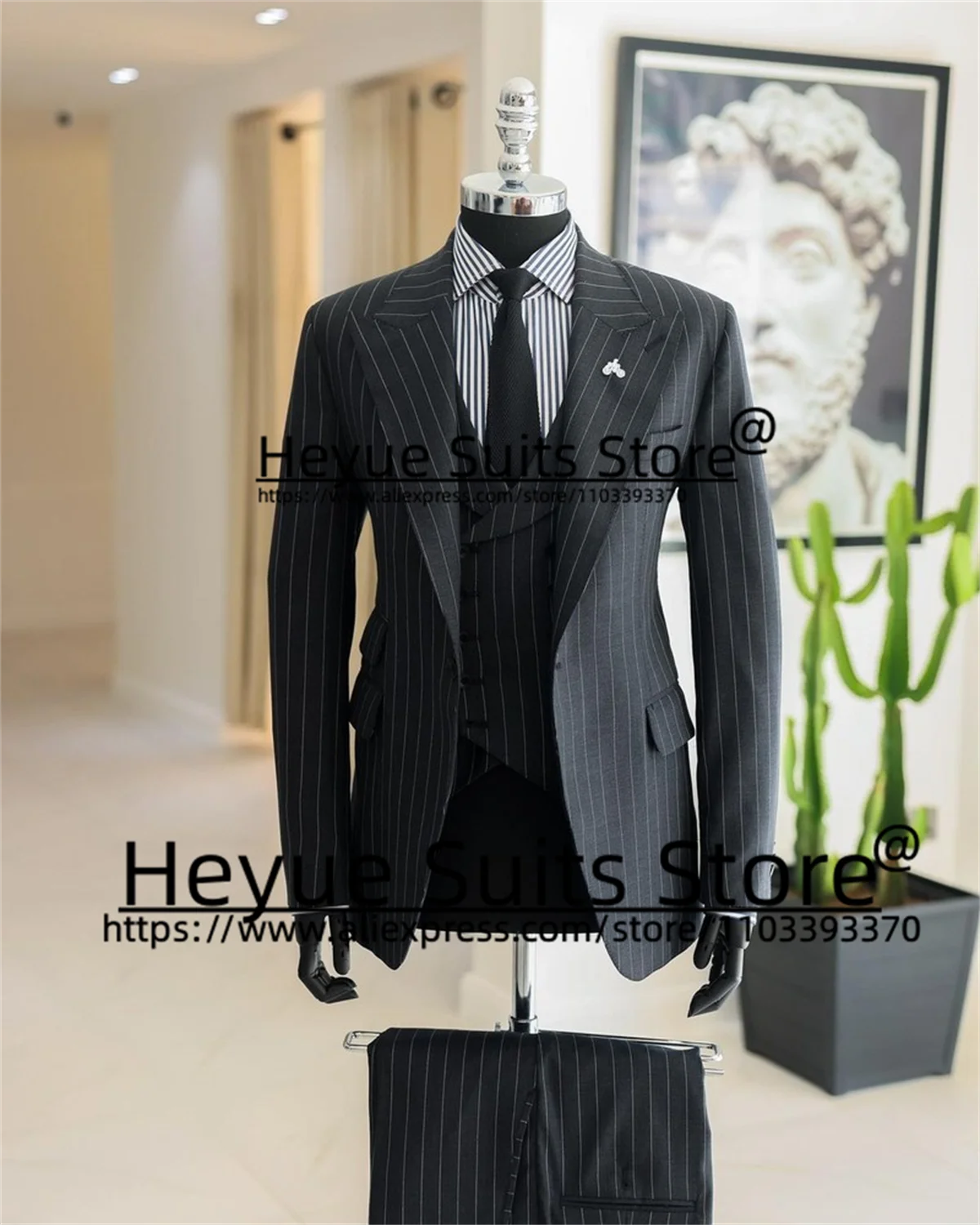 British Style Stripe Black Business Men Suits Slim Fit Peak Lapel Groom Tuxedos 3 Pcs Sets Office Work Male Blazers Ropa Hombre