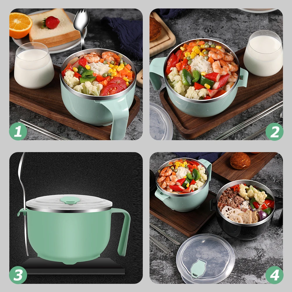 

1 set Stainless Steel Instant Noodle Bowl Anti-Scald Handle Microwave Safe Drainage Hole Food Storage Bowl for Rice Pasta Soup