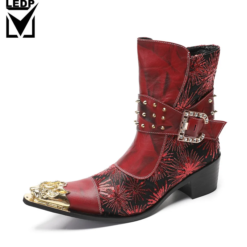 أحذية الخريف الرجالية سبايك الأحذية المعدنية والقبعات عالية الكعب حزام مشبك برشام الأحمر الفاخر زيادة نموذج #4