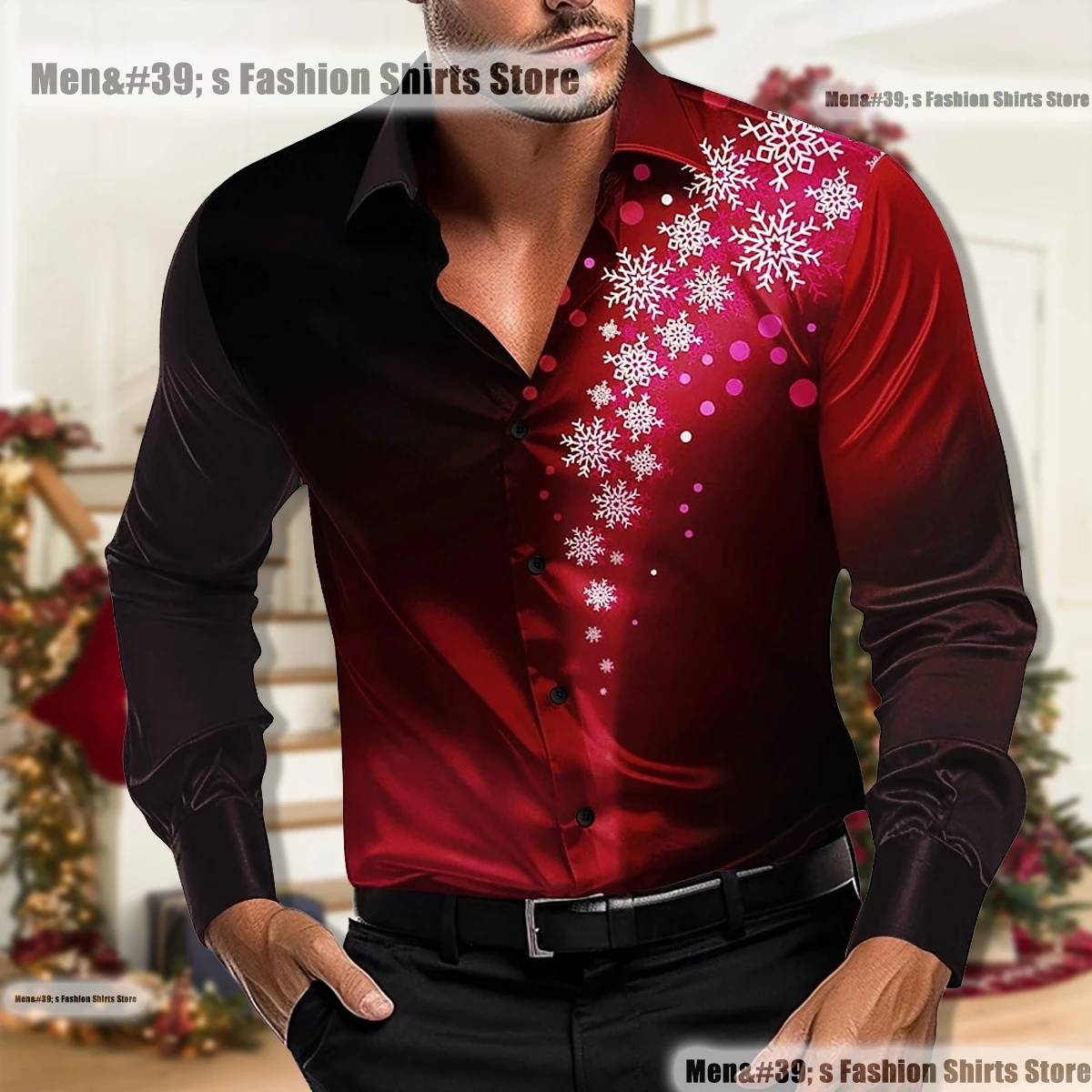 Christmas men's shirt snowflake long -sleeved shirt fashion leisure party daily holiday men's clothing large size top