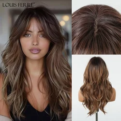 Pelucas sintéticas largas onduladas en capas para mujer, reflejos marrones con flequillo lateral, cabello Natural para fiesta diaria, resistente al calor