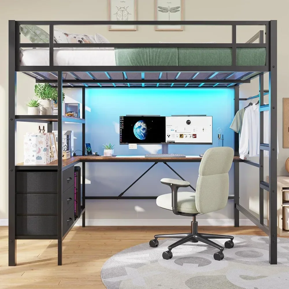with L-Shaped Desk and Charging Station Full Metal Bed Frame with LED Lights,Open Shelves and 3 Fabric Stora
