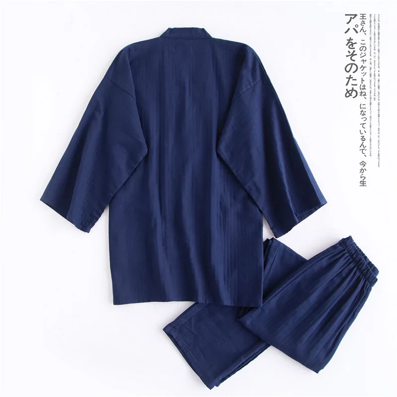 Men Japanese Yukata Kimono Pajamas Shirt Trousers Set Comfort Tracksuit Cotton Gauze Loose Fit