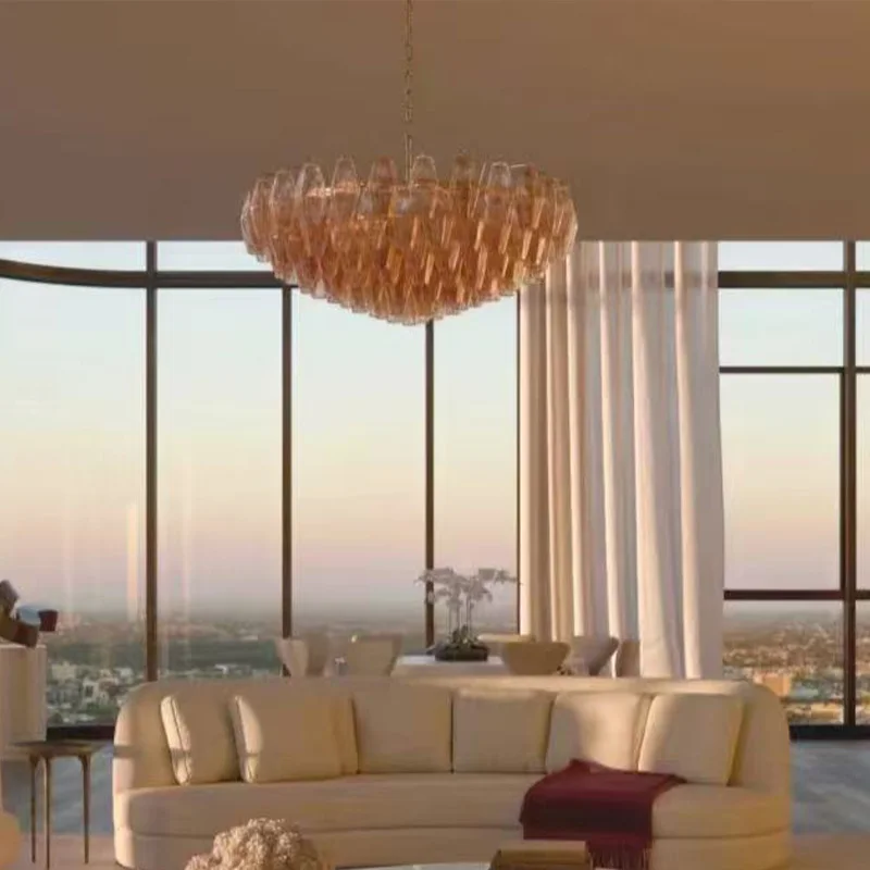 

2025 Brown ceiling glass chandelier, dimmable, suitable for home decoration in living room, LED, stainless steel lustre