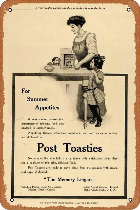 1911 Ad Post Toasties Cereal Mother Kids Memory Lingers Breakfast Kids HM1 Tin Sign Retro Kitchen Restaurant Bathroom Peopl sign