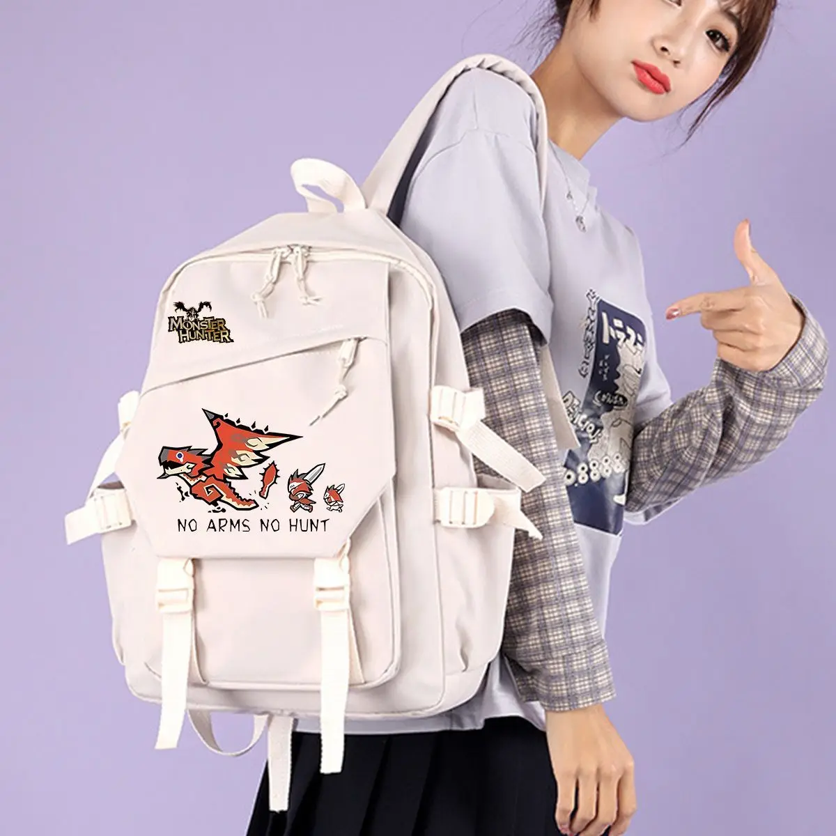 Monster Hunter Backpack Rathalos NO ARMS NO HUNT Funny Cartoon Print Student Schoolbag Men Women Large Capacity Travel Backpack