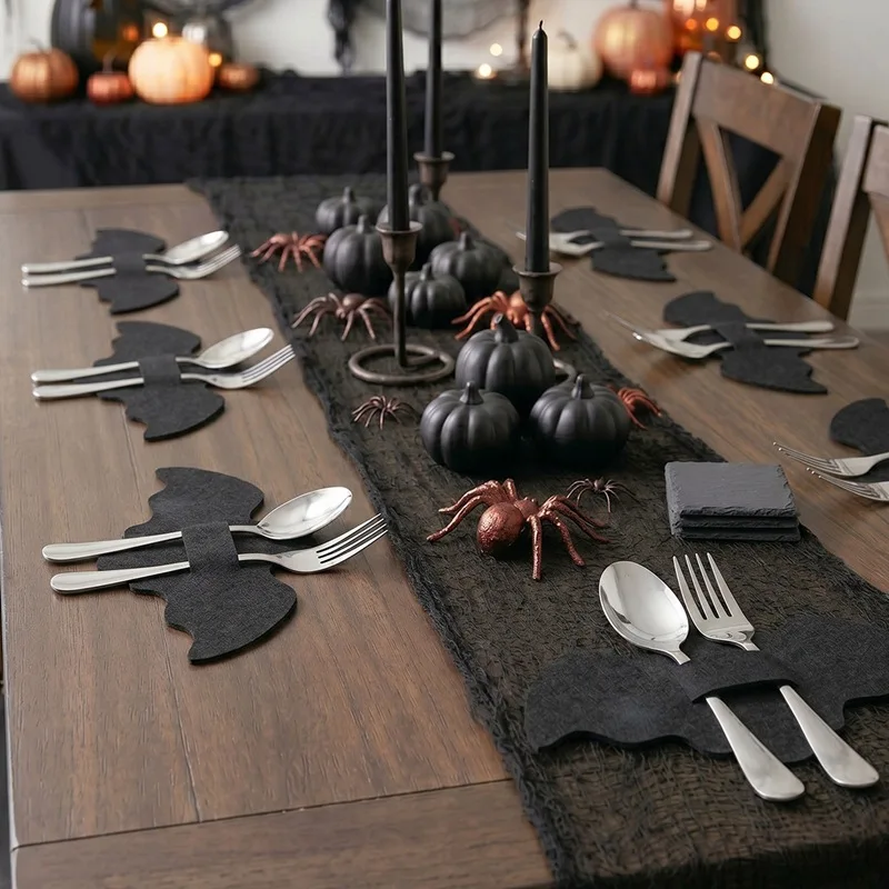 6/12pcs Halloween Party Table Decoration Supplies Bat Spider Web Felt Knife and Fork Storage Bag Tableware Set