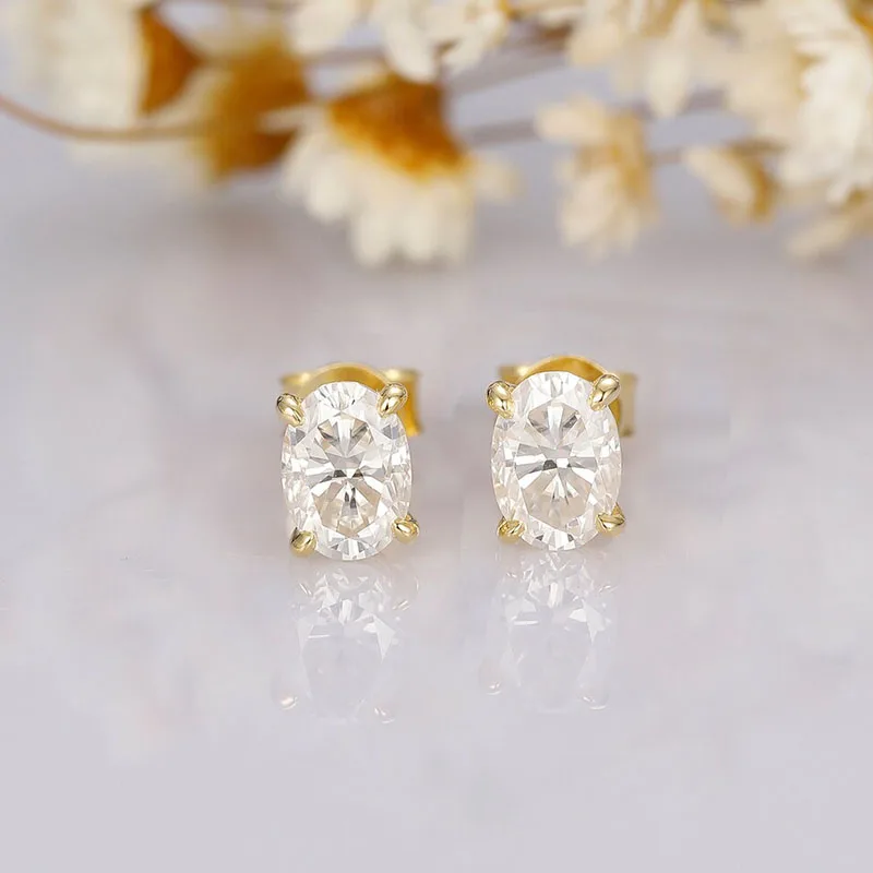 

CxsJeremy 14K 585 Yellow Gold 5*7mm Oval Cut 2ct Per Pair DEF Color 4-Prongs Moissanite Female Earrings Push Back For Women Gift