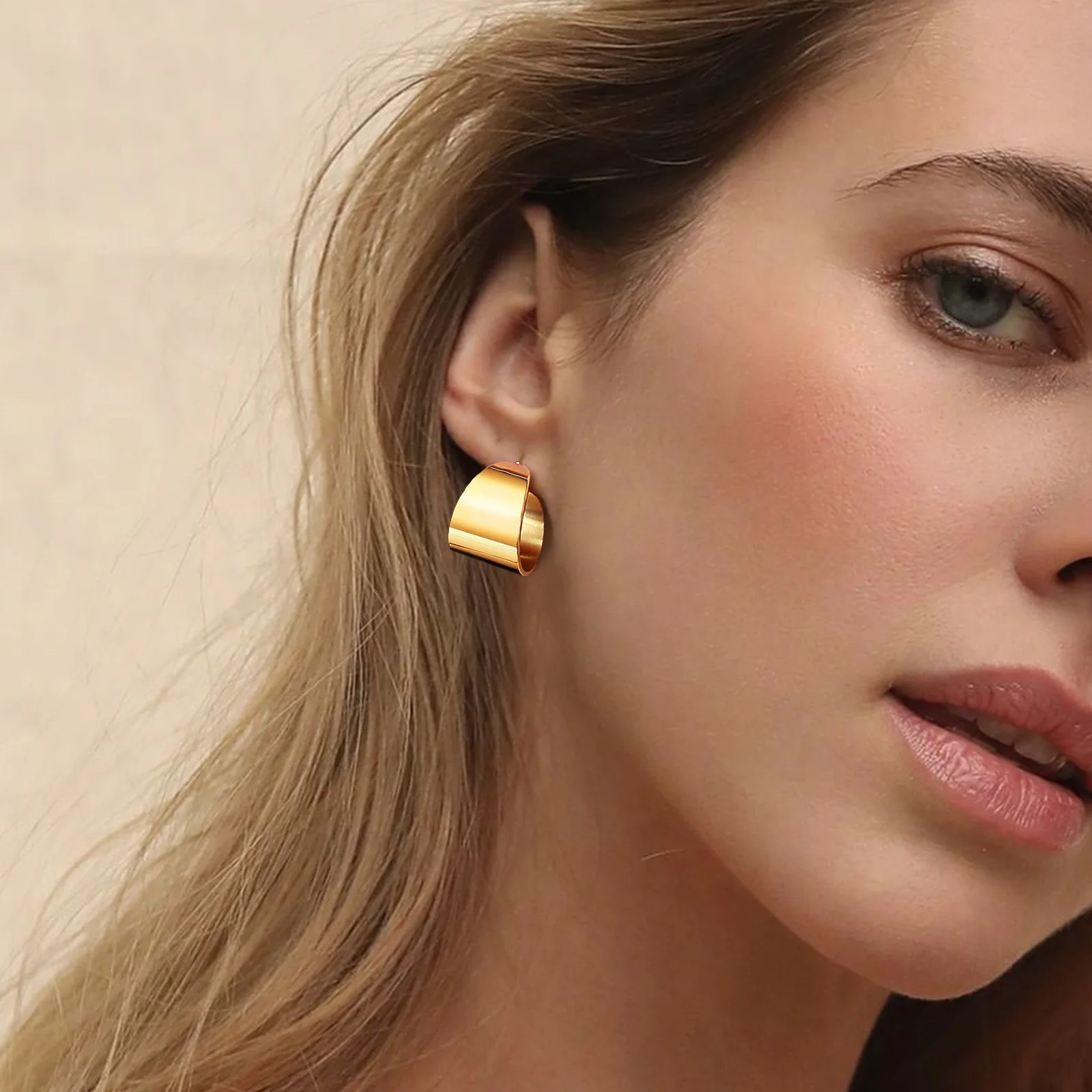 Dome Hoops Earring Women, Stainless Steel Gold Color C-shape Modern Statement Ear Jewelry