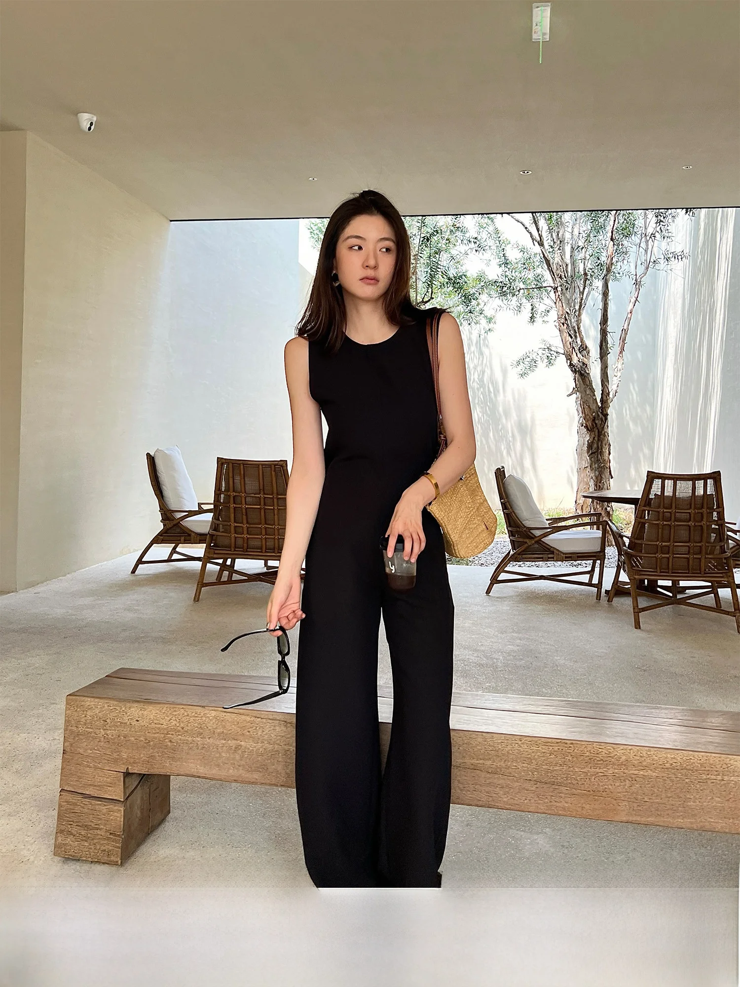 

SOTHEA Classic Style Paper Thin Women's Jumpsuit Sleeveless Drapey Long Legged Vest Pants Spring Season Polyester F...