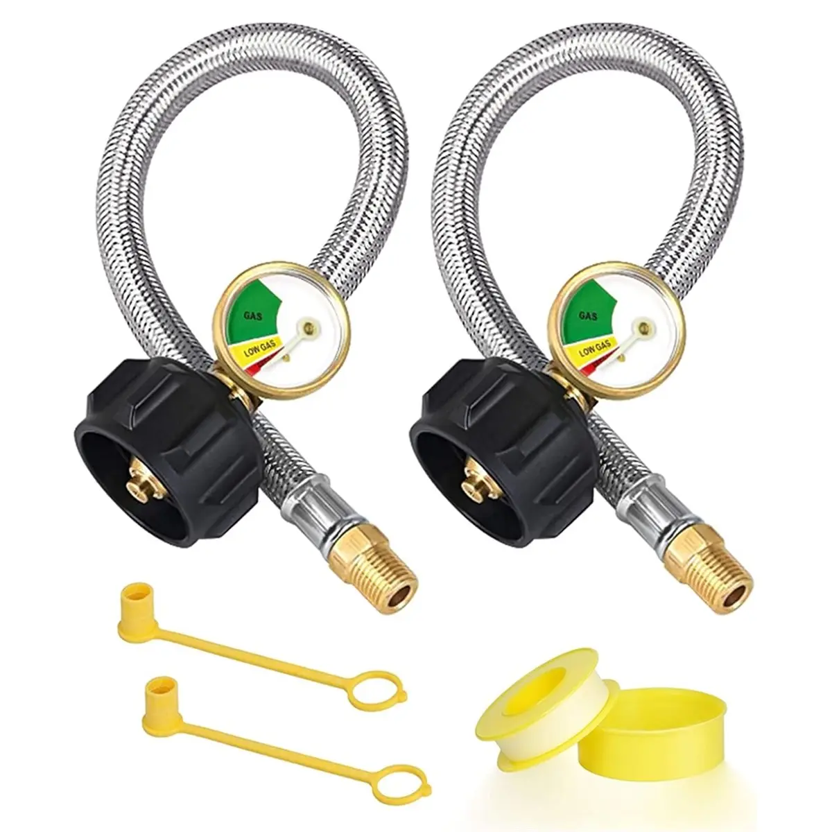 DT38 15-Inch RV Propane Tank Hose with Gauge,Stainless Steel Propane Hose for RV 2-Stage Regulator,1/4 NPT Fittings,2Pack