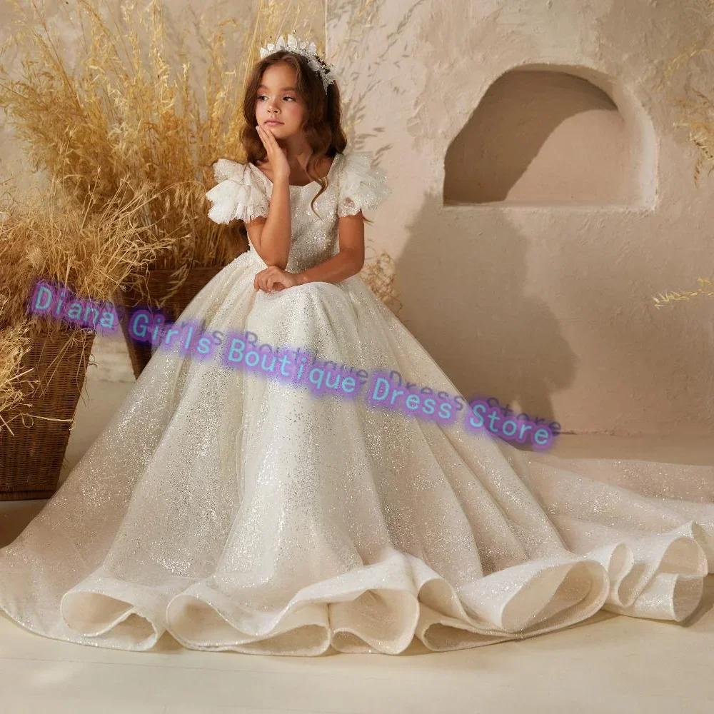 

High Quality Magnificent Flower Girl Dress Fluffy Sequins Applique for Wedding Ball Dresses Little Princess Birthday Party Gowns