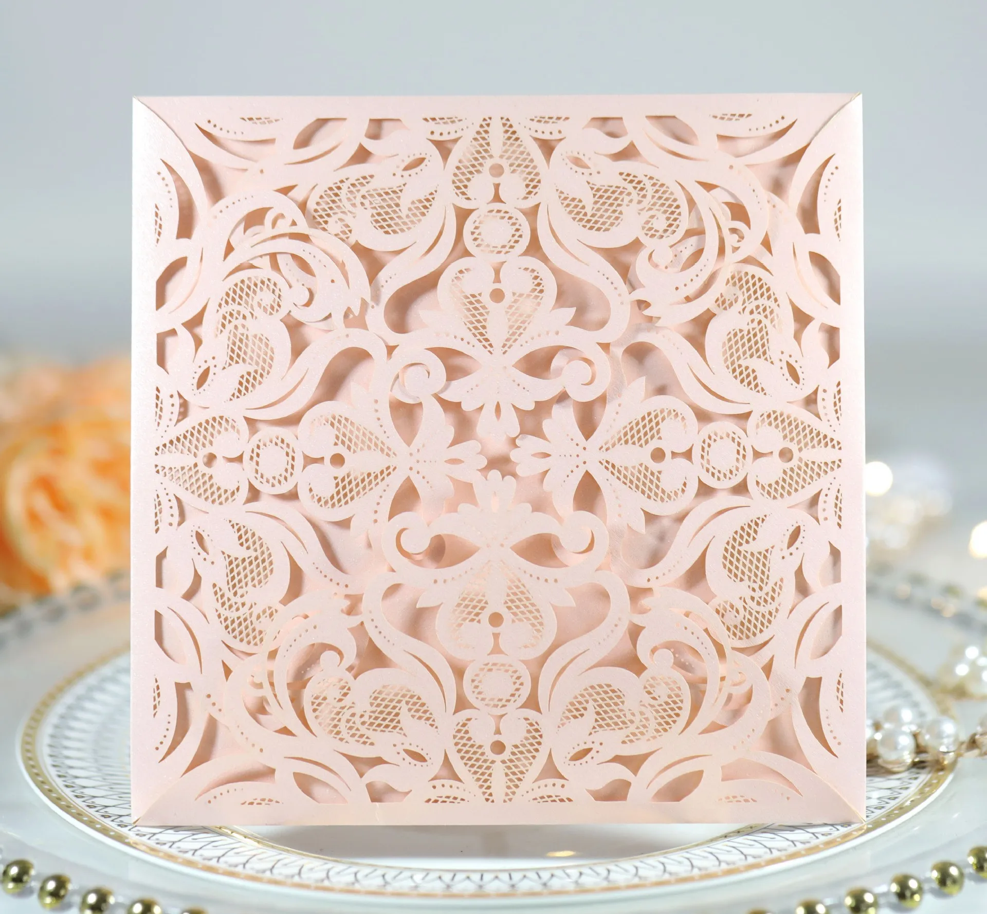 Square Iory White Pink Invitation Cards Covers for wedding, Party, Birthday, baptism,Pearl Paper,15x15cm, 100 Pieces