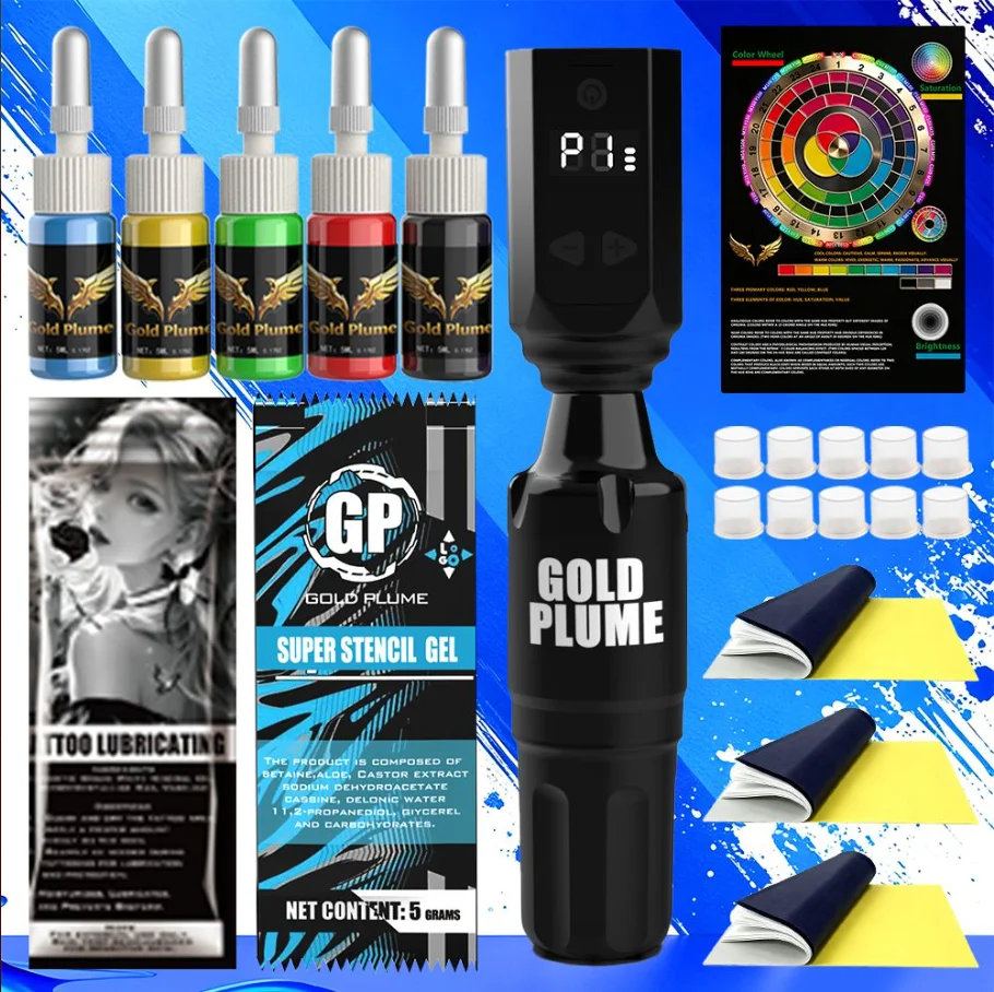 Gold Plume Wireless Rotary Tattoo Pen Kit, Tattoo Machine with 5 Colors Tattoo Ink, Complete Tattoo Supplies for Beginners