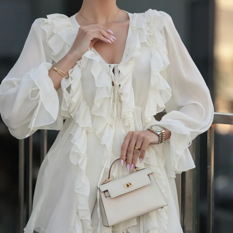 여성용 V넥 플레어 슬리브 플레어 원피스, 긴 소매, 섹시한 V넥 보호 원피스 의류, 여름 2025