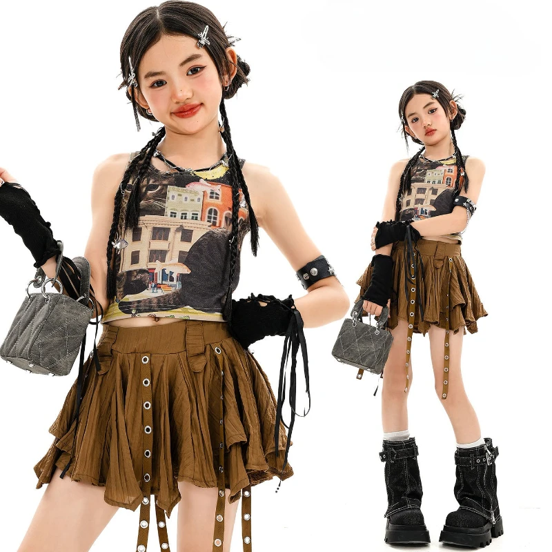 

New Girls Hip Hop Clothes Coffee Top Pleated Skirt Jazz Dance Performance Costume Kpop Outfit Streetwear Catwalk Performance Set