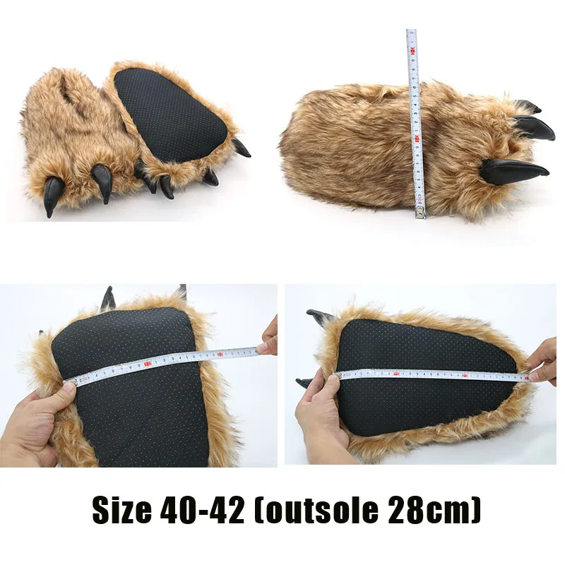 Winter fluffy slippers house man bear paw shoes plus size brown animal bear fur slippers indoor flopflops men\'s House Shoes