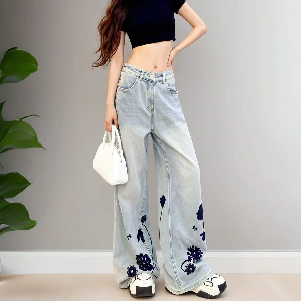 

Весенние джинсы с цветочной вышивкой, свободные прямые брюки с высокой талией, широкие штанины, повседневные, с множеством карманов, водоотталкивающие
