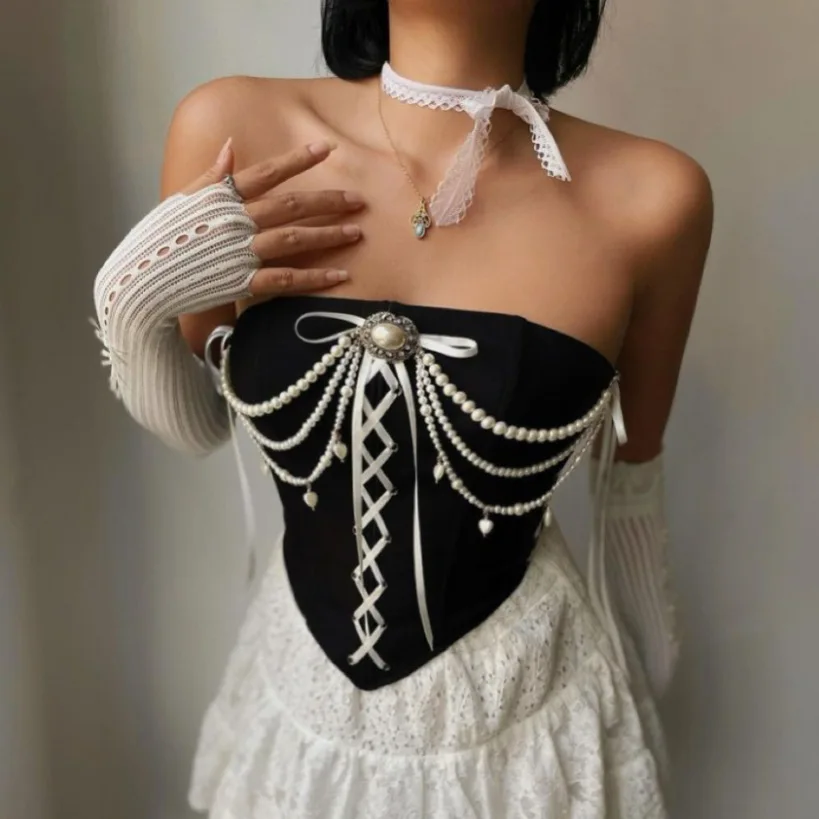 

Vintage Velvet Pearl Chain Bare Shoulder Crop Tops Boned Camisole Summer Women Fashion Bustier Tank Top Bodyshaper Slim Fit Vest