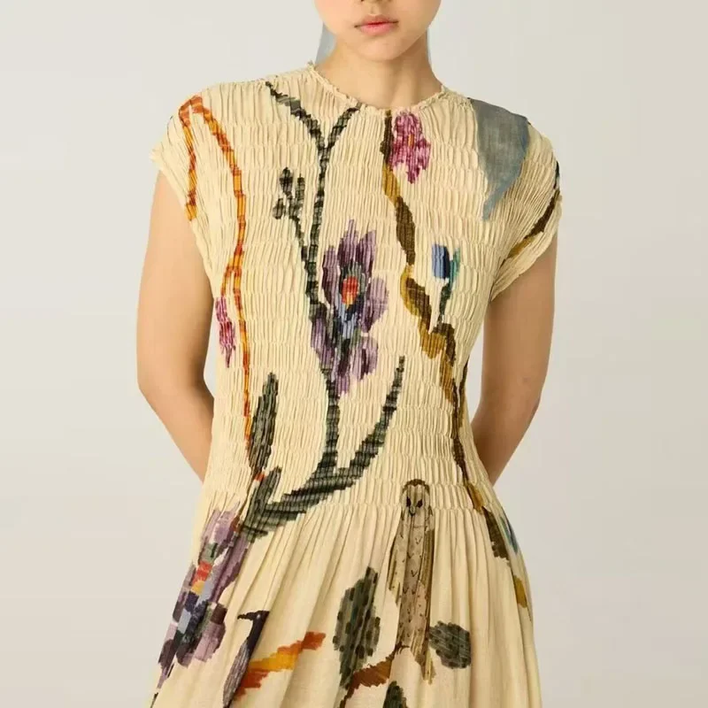 Vintage Pattern Print Long Pleated Dress Woman Spring Elegant O Neck A-Line Maxi Dresses Summer Short Sleeve Vacation Boho Dress