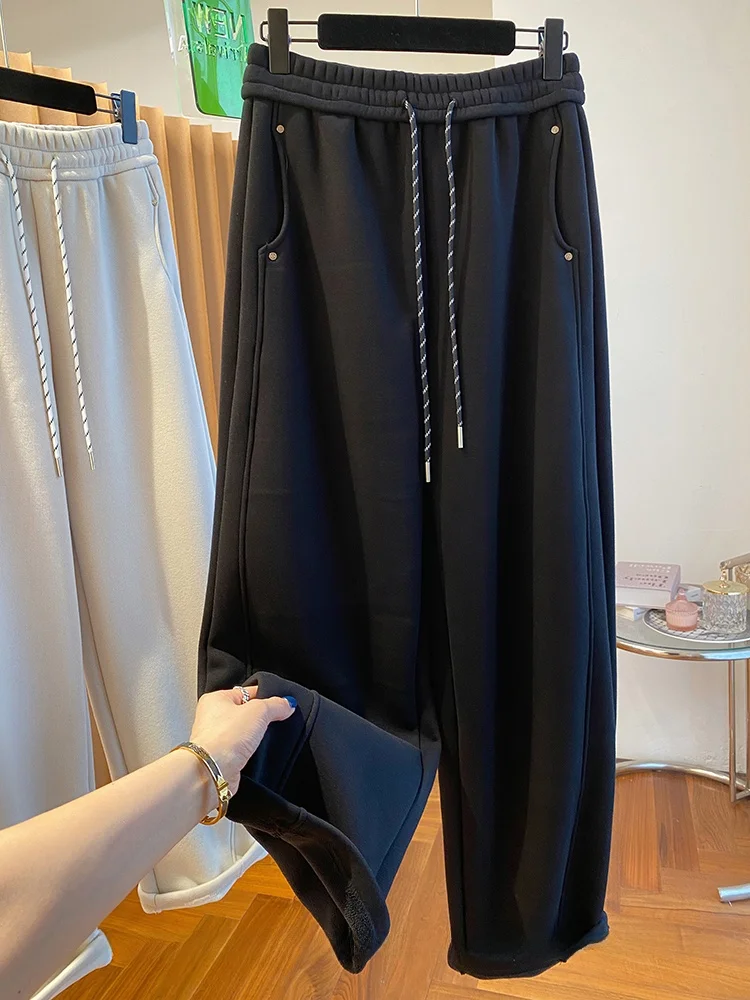 

Extra Large Size Women's Bla Fce Lined Harlan Pants Thiened Autumn Winter Casual Straight Leg High Waist Long Trousers