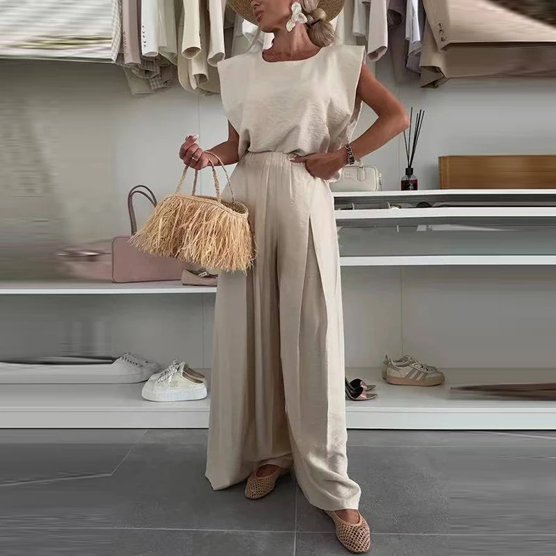 

Sexy High Waist Loose Women Outfits Commute Lady Solid Color Pocket 2pc Sets Casual Sleeveless O Neck Tops & Wide Leg Pants Suit