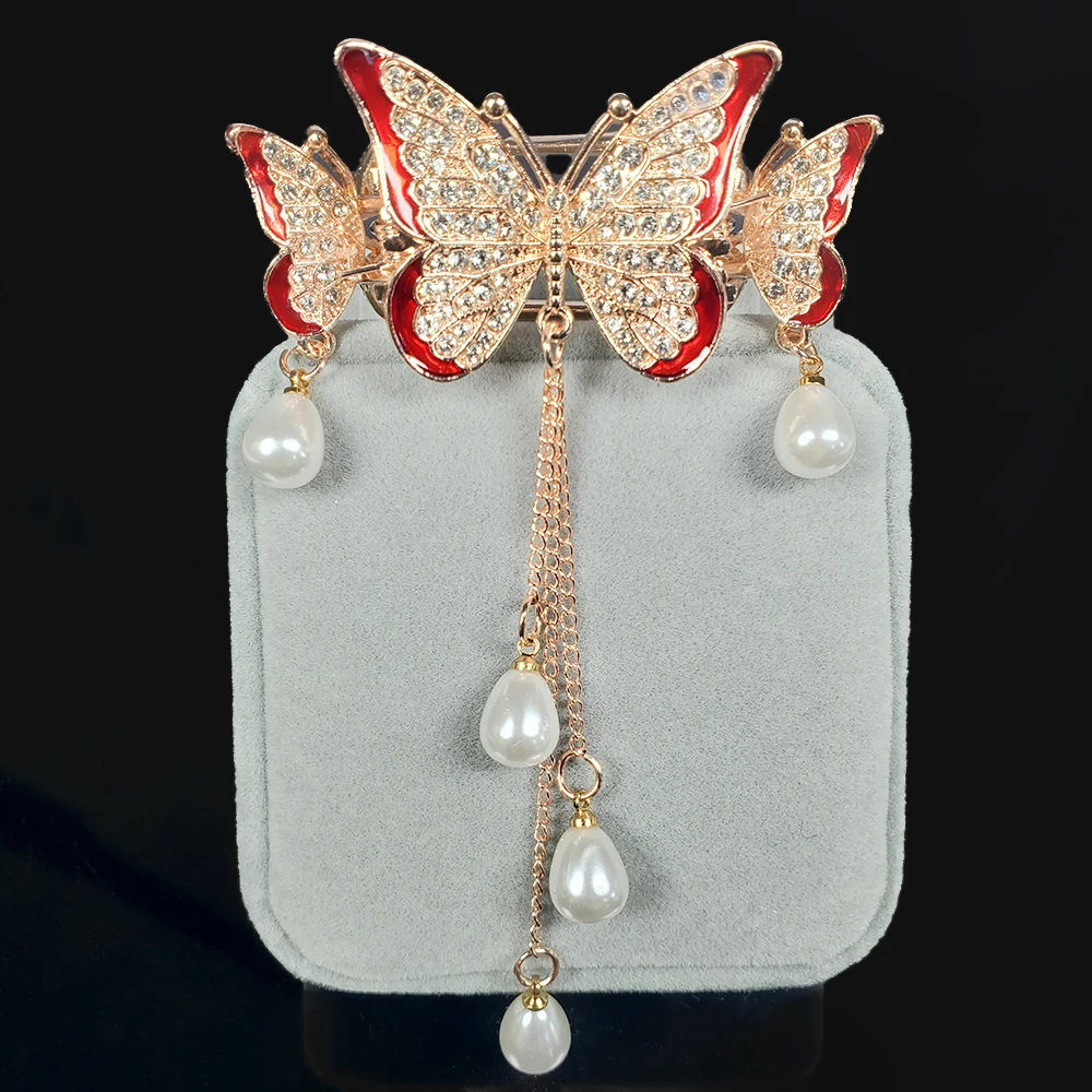 1pc Butterfly Hair Clips - Stunning Pendant Hair Clip with Tassel and Faux Pearl, Elegant Rhinestone Decor Ponytail Clip