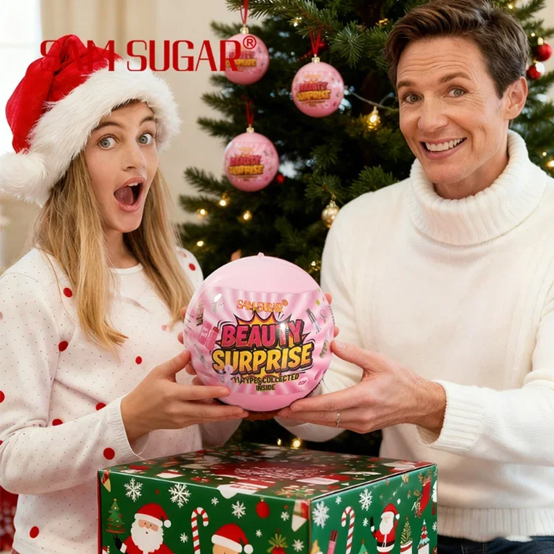 7個入りクリスマスミニメイクアップセット - 口紅、コンシーラー、チーク、パフ、5in1パレット、クリエイティブなボール型パッケージ、初心者向け、ホリデー用