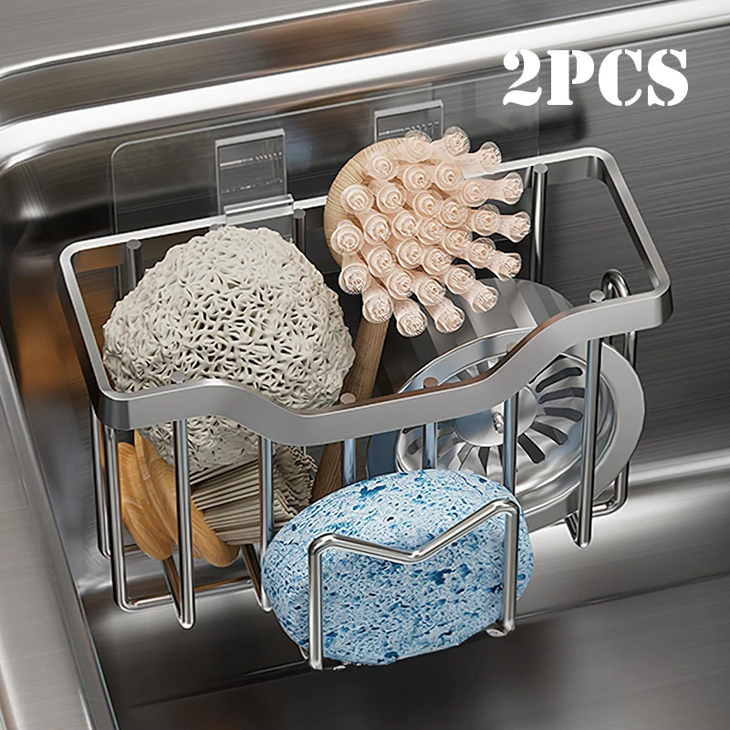 Sponge Holder Kitchen Sink Rustproof Stainless Steel Kitchen Sink Organizer with Brush Holder Drain Tray Dish Soap Sink Caddy