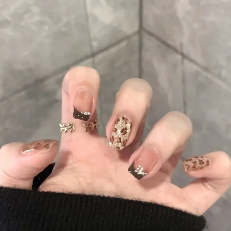 

30 шт. накладных ногтей золотисто-коричневого цвета с эффектом кошачьего глаза и сладко-острым леопардовым принтом, французский маникюр, накладные ногти для осени/зимы, идеально подходят для девушек