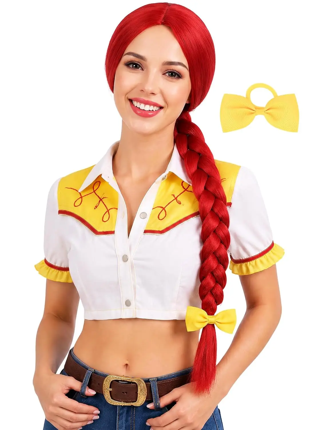 Long Red Braided Wig with Hair Bow for Women Cowgirl Halloween Costume