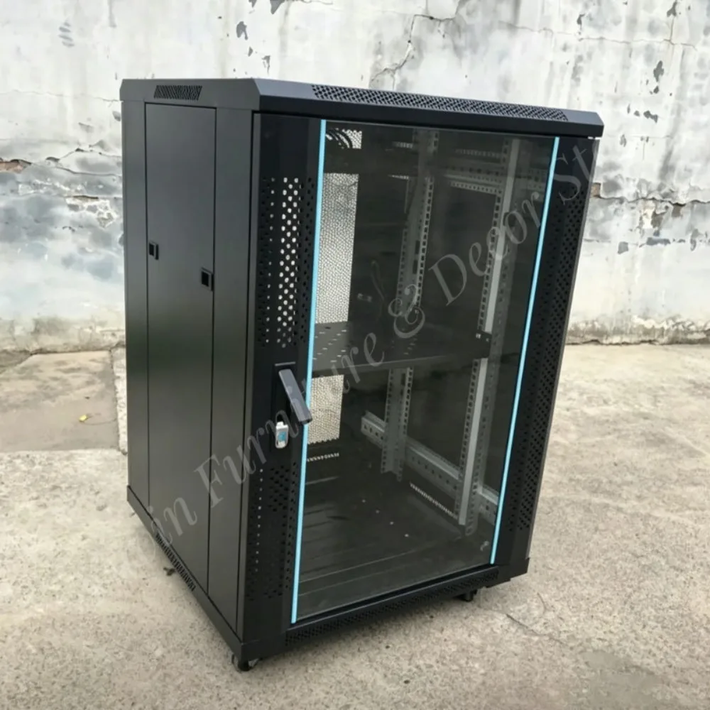 Secure Custom 18U 19 Inch Cold-rolled Steel Floor Standing Server Rack Cabinet 3-Point Lock Side Panels Cooling Features