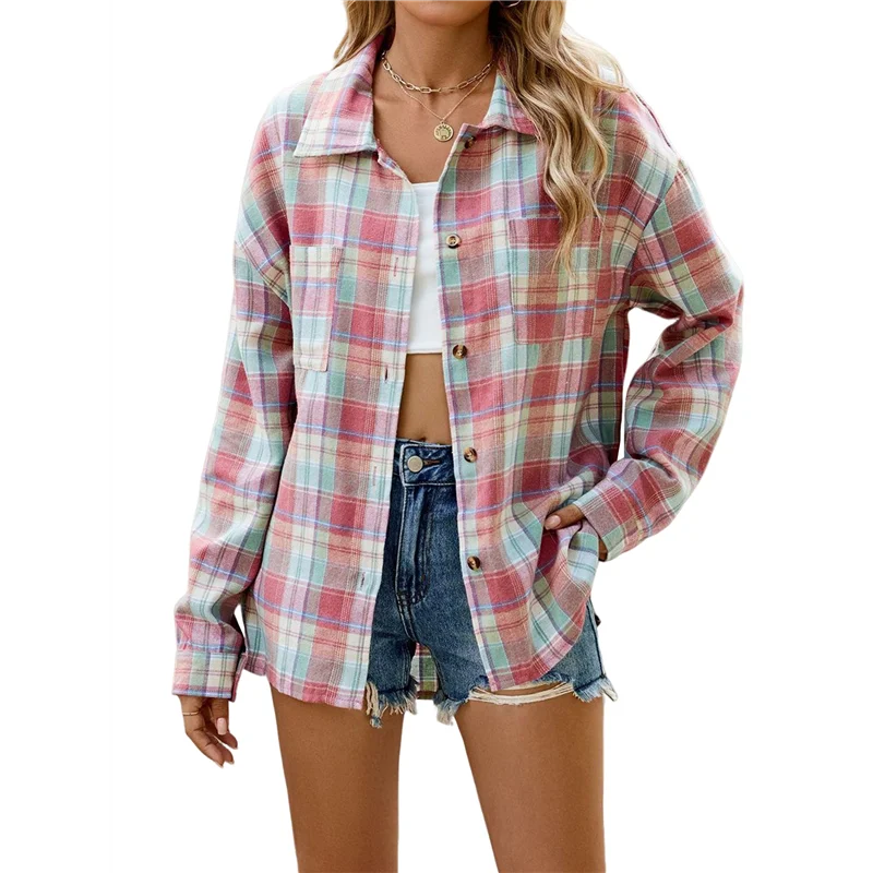

NEW-Womens Button Down Flannel Shirts Long Sleeve Plaid Shackets Business Casual Blouse Top