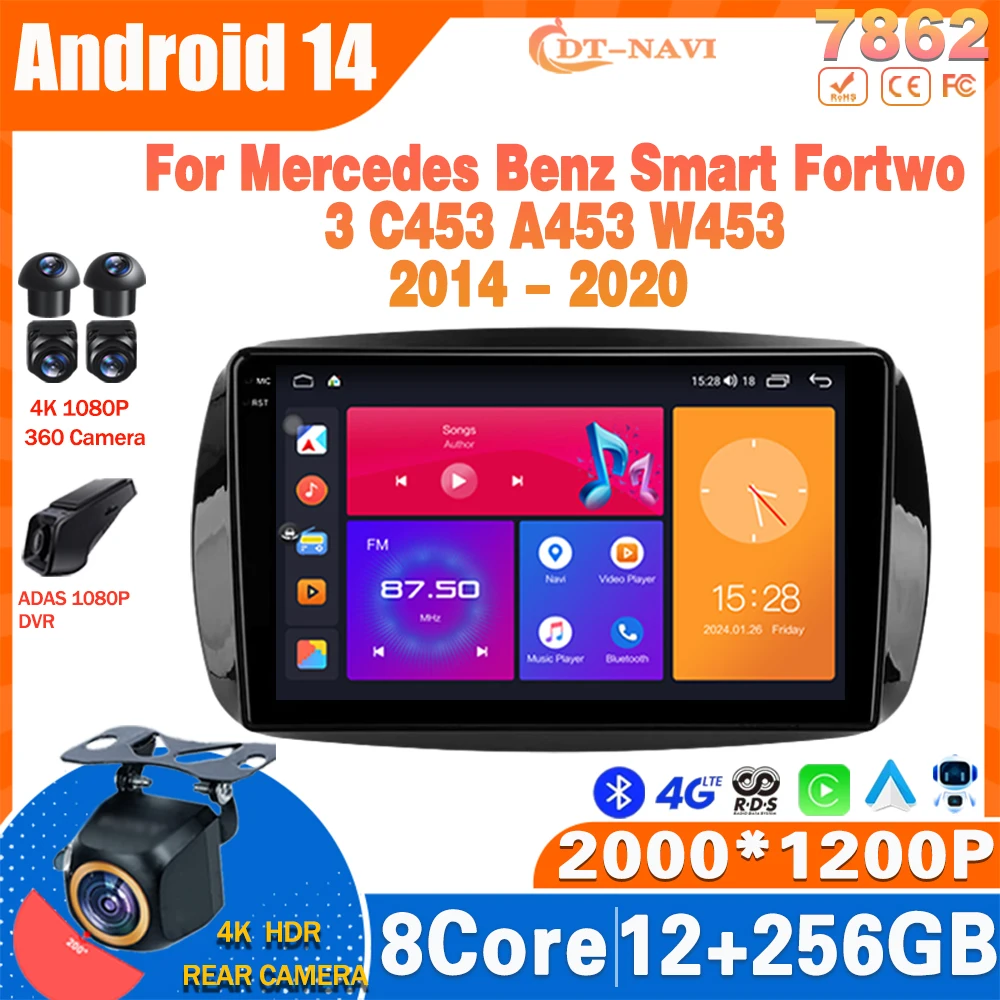 

Android 14 Car Radio For Mercedes Benz Smart Fortwo 3 C453 A453 W453 2014 - 2020 Multimidia Video Player Navigation GPS NO 2Din