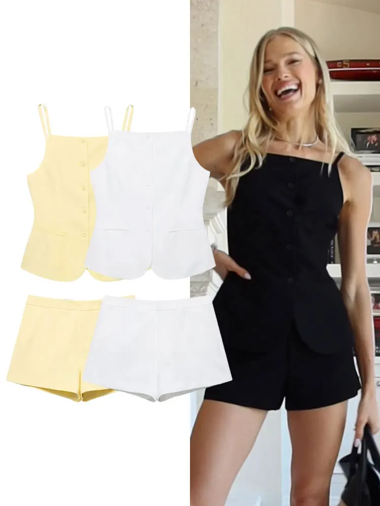 

HH летний повседневный однотонный костюм для женщин, однобортный жилет без рукавов с квадратным воротником, топ на бретельках + мини-шорты трапециевидной формы с высокой талией